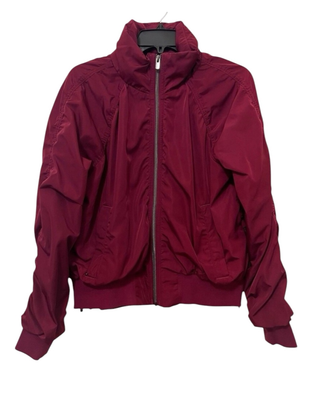 ATHLETA Burgundy Jetset Bomber Zip-Up Jacket Hidden Hood Activewear Womens Small